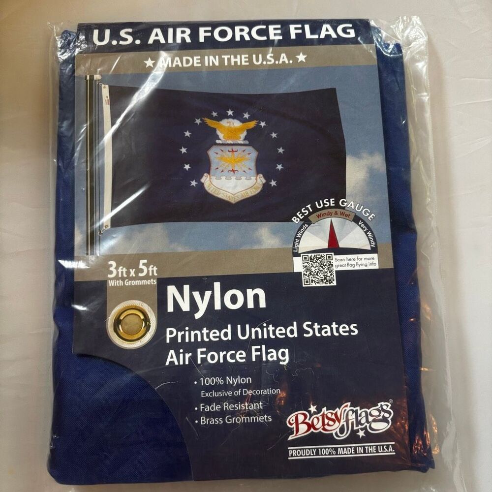 Betsy Flags U.S. Air Force Flag 3x5 ft 100% Nylon Brass Grommets Made in USA NIB